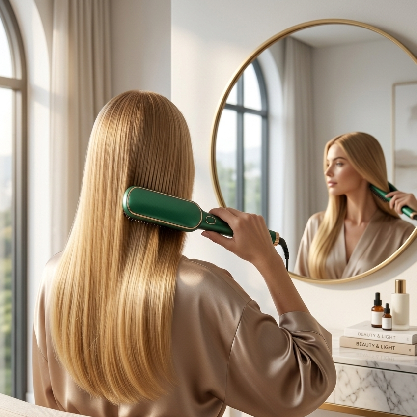 A woman with long blonde hair sits in a chair facing a mirror, using a green hair straightener on her hair in a bright room with large windows.